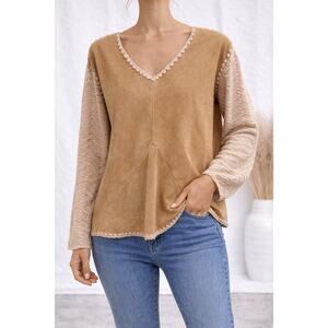 DANA BUCHMAN | Tan Suede Boho V-Neck Crochet Trim Sweater Top Western | XL